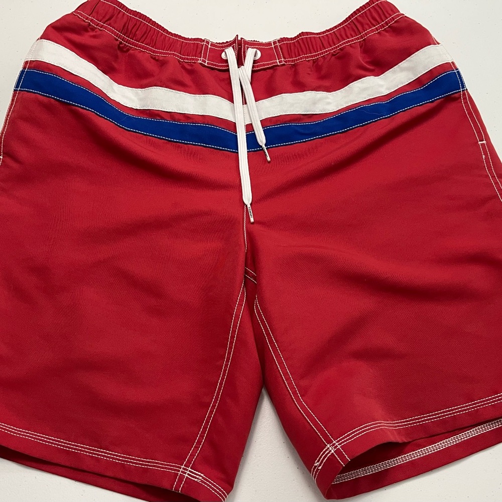 NWOT Tommy Hilfiger Red Swim Shorts with Blue and White Stripes - M